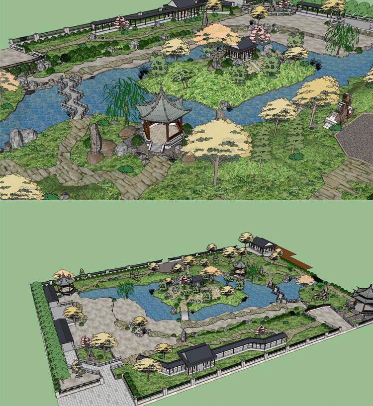 su草图大师仿古建筑江南风情古典园林六角亭小拱桥水景景观su模型