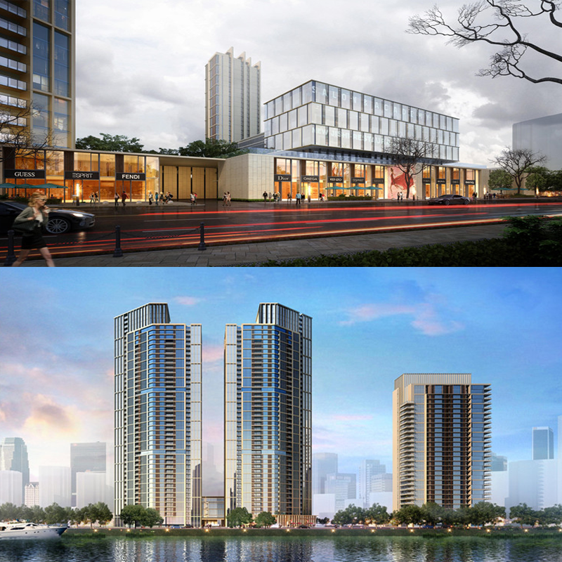 现代新亚洲超高层滨水江景豪宅住宅小区居住区建筑沿街商业SU模型