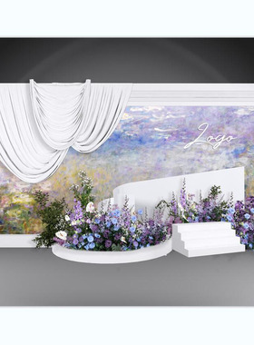 欧式绿色紫色蓝色花艺婚礼合影区SU模型 PSd素材效果图含制作文件