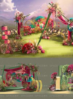 4款南洋风小众户外婚礼效果图竹子花艺素材蓝绿色玫红色ps源文件