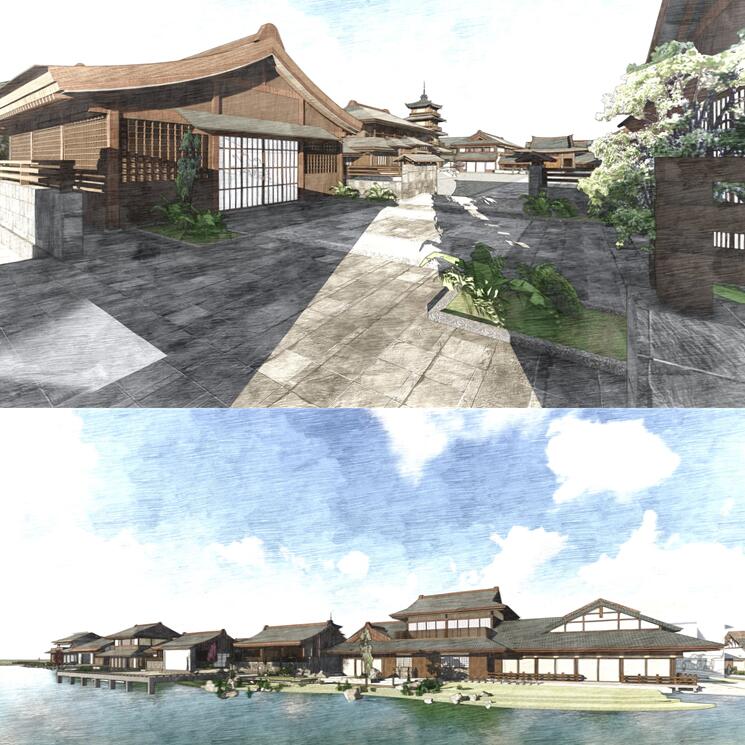 美丽新农村日式风度假村木屋温泉酒店特色小镇商业街SU模型skp