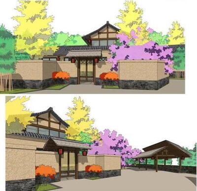 中式乡村夯土毛石墙土坯房民居老房度假村酒店民宿草图大师SU模型