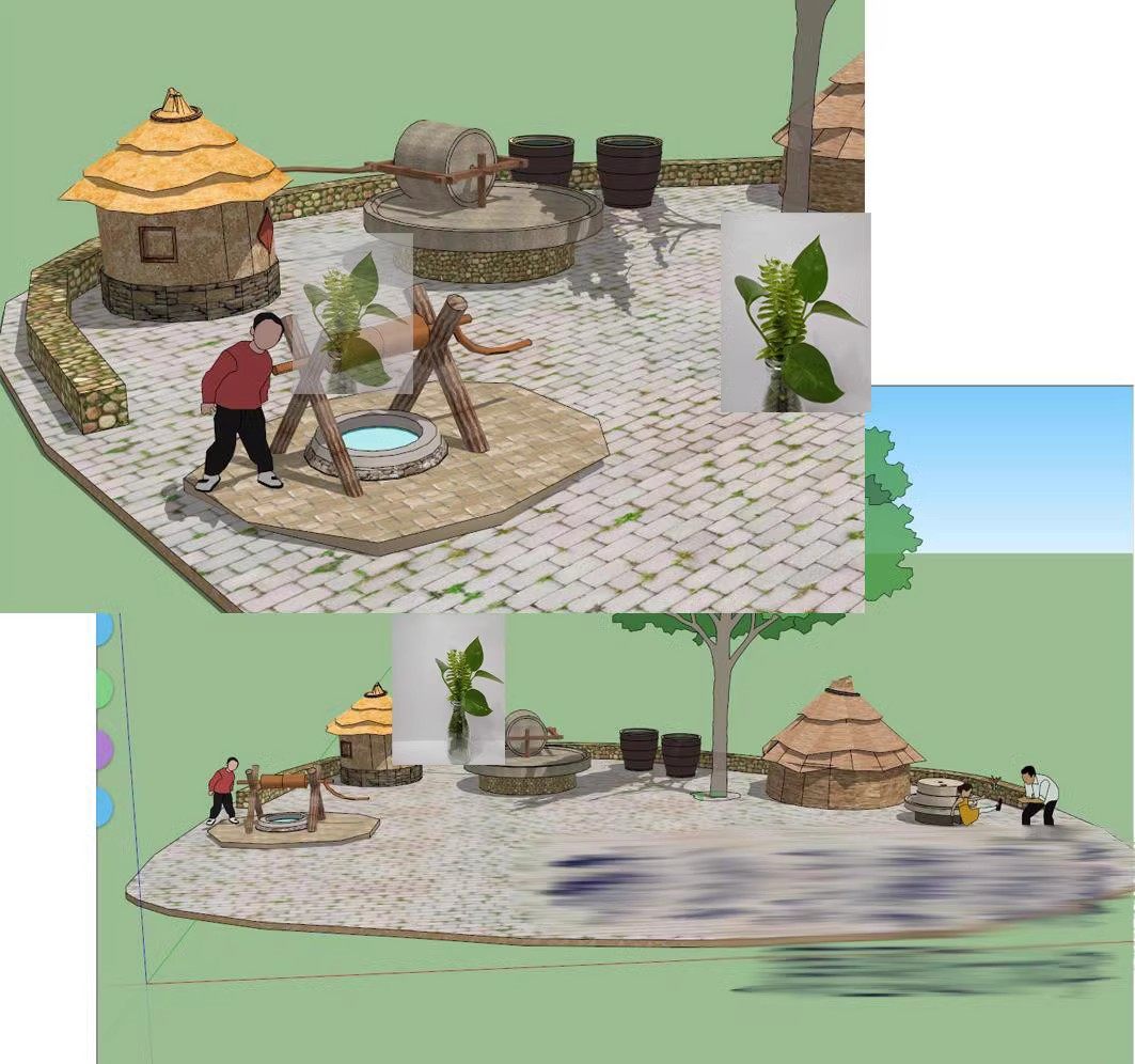 新农村美丽乡村农家乐景观小品草图大师SU模型碾盘粮仓水井辘轳