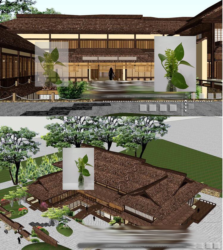 su草图大师现代日式度假村酒店农家乐民宿茅草屋建筑庭院su模型