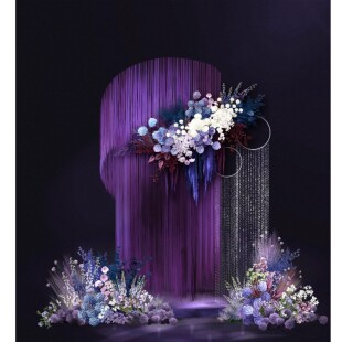 紫色剧院风婚礼效果图手绘花艺复古蓝紫色线帘psd分层设计素材
