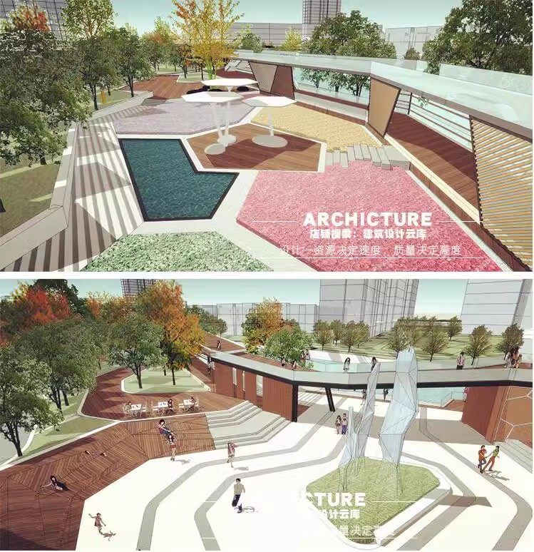 现代滨水公园园林景观草图大师SU模型折面阶梯建筑廊架水上栈道