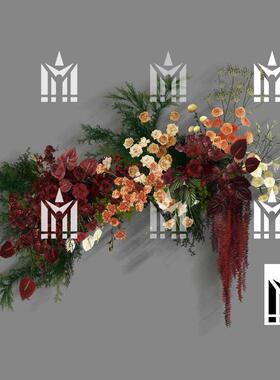 红绿色黄桔色自然风户外婚礼手绘花艺效果图psd素材