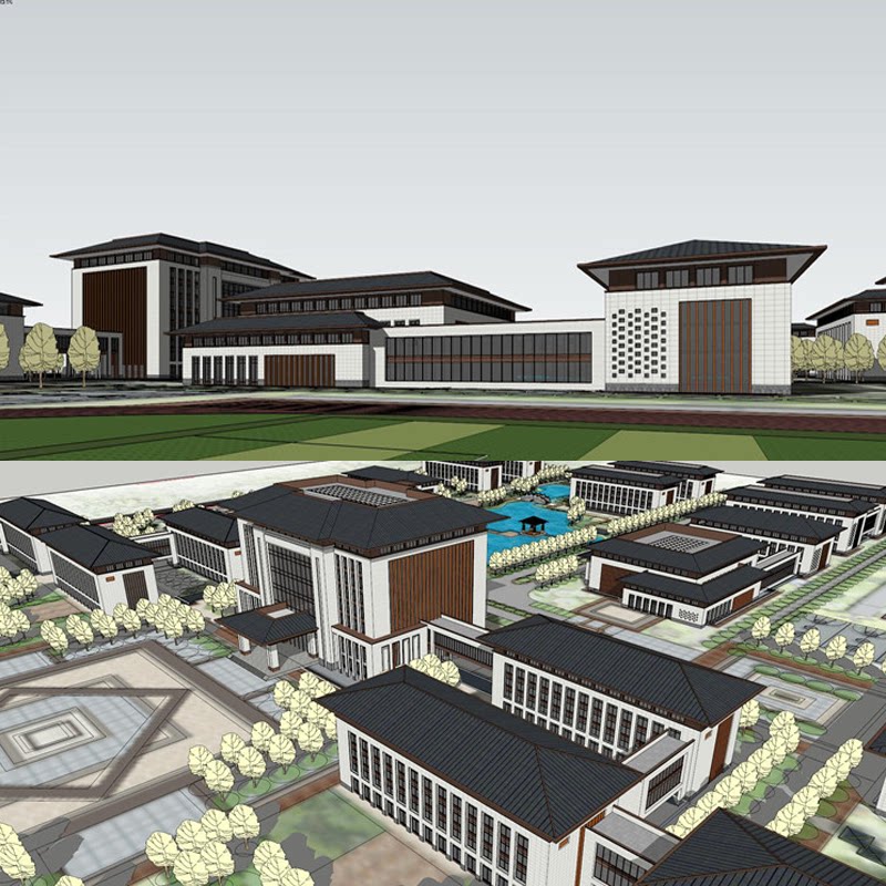 新中式仿汉唐风格中小学学校图书馆综合教学楼操场跑道建筑su模型