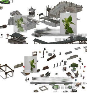 中式古代建筑景观小品流水驳岸亭廊栈桥长廊廊架草图大师SU模型库