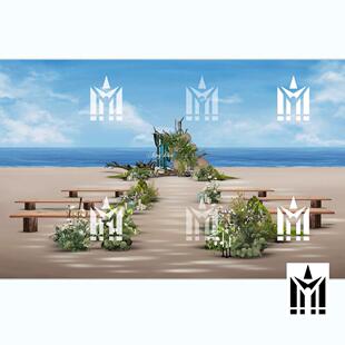 户外海边沙滩枯木树背景木坐凳蜡烛绿色花艺婚礼效果图psd素材