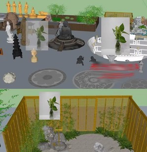 寺庙佛像雕塑卧佛香炉观音莲花拼花童子惊鹿莲花座草图大师SU模型