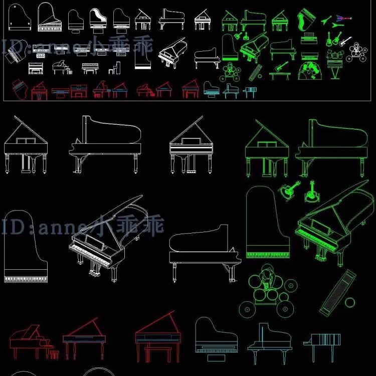 钢琴古筝电子琴架子鼓室内乐器CAD图库平面立面施工图块cad素材 商务/设计服务 设计素材/源文件 原图主图