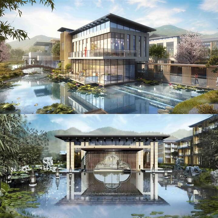 新中式酒店养生会所温泉度假村建筑景观荷花池水榭SU模型sketchup