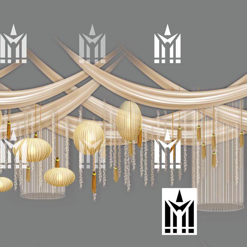新中式咖色秋色系黄灯笼吊顶布幔婚礼舞台效果图psd素材