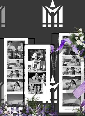 紫色花艺缠绕纸艺婚礼照片墙 展示区婚礼效果图psd设计素材源文件
