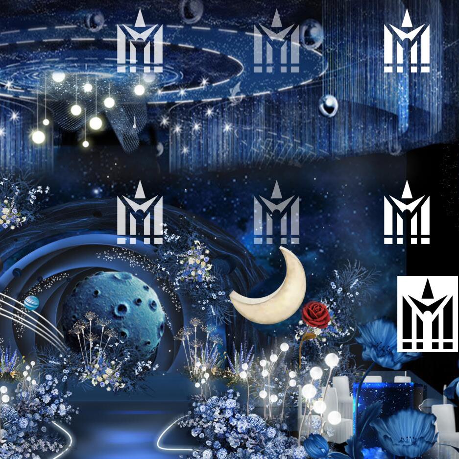 梦幻月亮星球水晶线帘吊顶蓝色婚礼舞台效果图道具装饰PSD素材图片