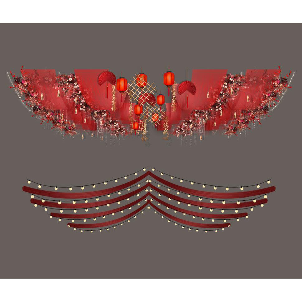 中式暗红色布幔婚礼舞台奢华吊顶背景效果图psd设计素材