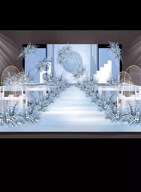 2113蓝色婚礼背景墙设计效果图 婚庆舞台KT板布置psd源素材模板