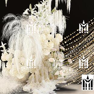 奶白色龙须草金色亮片线帘手绘花艺毛婚礼花艺道具 PSD分层素材