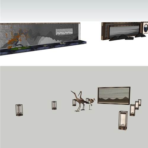 新中式新亚州景观小品水景对景透景景墙格栅山水草图大师SU模型库