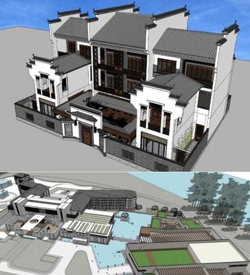 新中式徽派民居村落竹屋度假村民宿会所茶楼农家乐SU模型sketchup