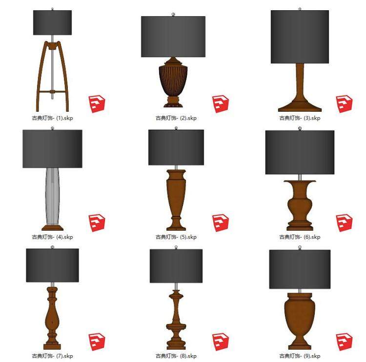 古典风格灯饰吊灯立灯台灯草图大师室内工装灯具su模型素材库37个