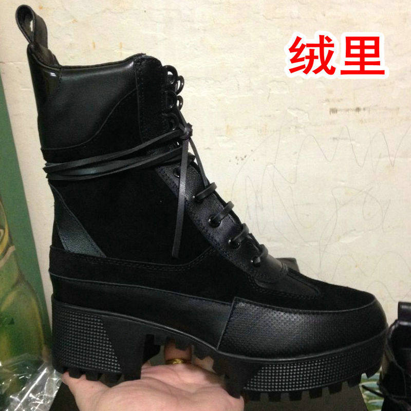 经典款2020女黑色皮革绑带高帮马丁靴裸靴粗 跟短靴真皮厚底单靴
