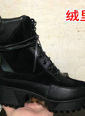 经典款黑色皮革绑带高帮厚底单靴