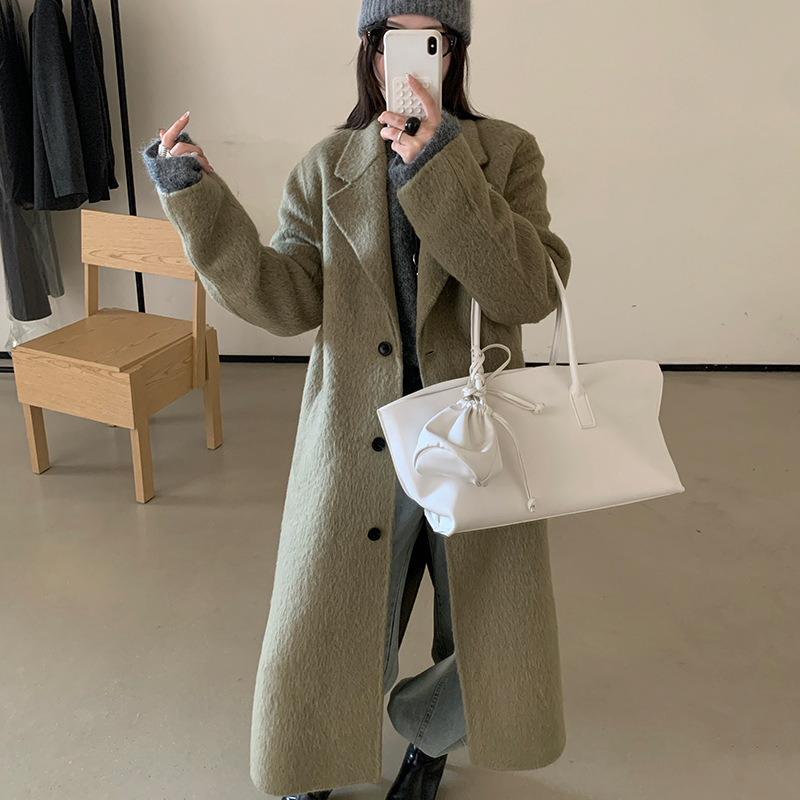 2025冬季新款韩系复古气质显瘦西装领长款双面手缝羊毛大衣外套女