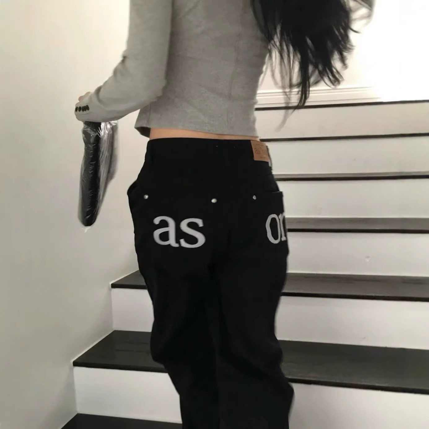 现货韩国小众a牛仔裤宽松直筒显瘦小个子高腰阔腿长裤女休闲