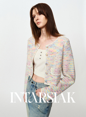 【INTARSIAK针织设计师品牌】明星同款彩点小香风短款针织外套