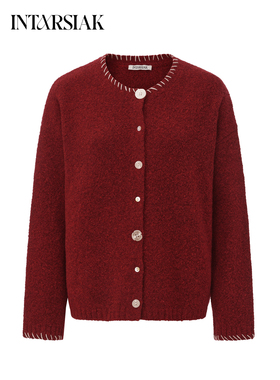 【INTARSIAK针织设计师品牌】多穿圈圈毛针织红开衫毛衣中裤套装