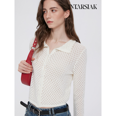 【INTARSIAK针织设计师品牌】叶风织 镂空翻领针织开衫T恤长袖女