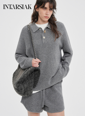 【明星同款】INTARSIAK 默绒 全羊毛polo领针织卫衣套装外套连帽