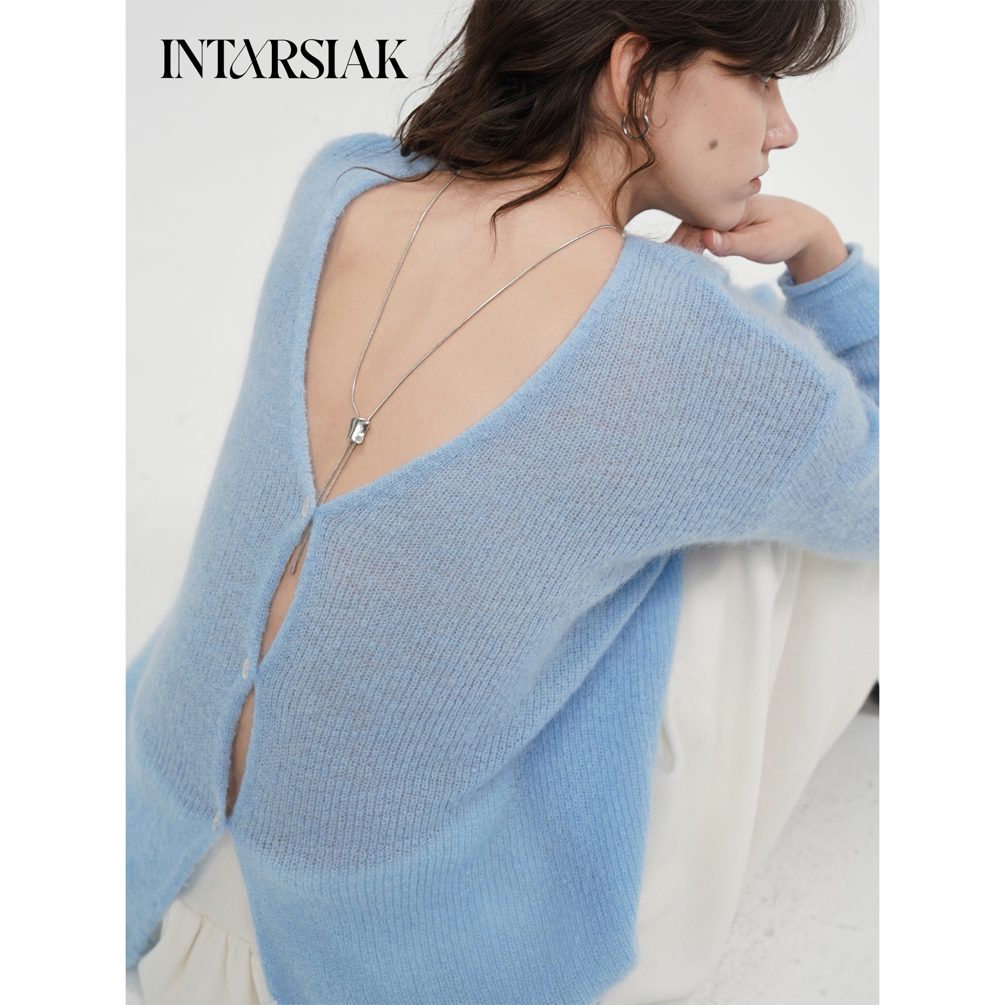 【INTARSIAK针织设计师品牌】正反穿超细马海毛羊毛蓝色针织开衫