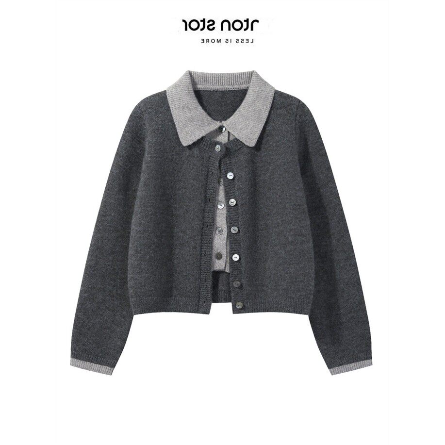 假两件灰色学院风毛衣针织衫女2025秋季气质减龄百搭上衣开衫外套