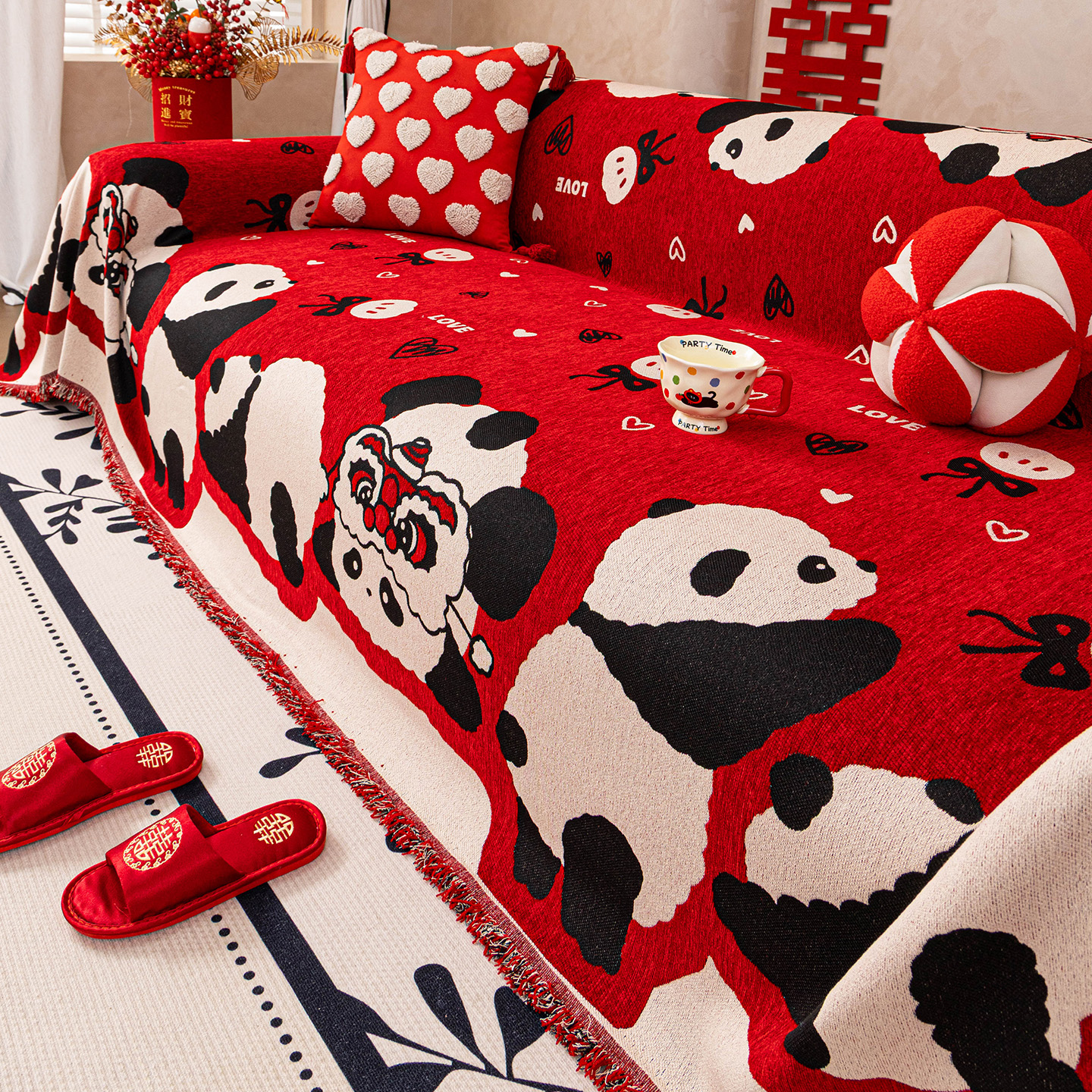 喜庆沙发盖布四季通用可爱熊猫
