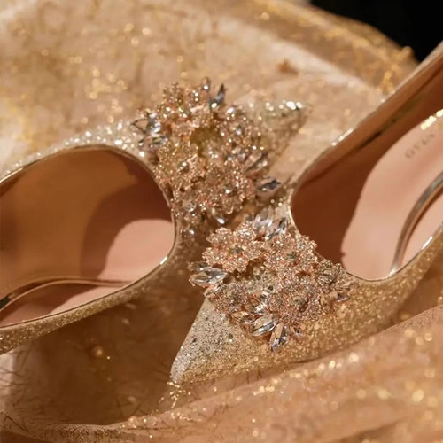 婚鞋秀禾婚纱两穿水晶鞋新娘鞋女香槟色高跟鞋不累脚水钻2025新款