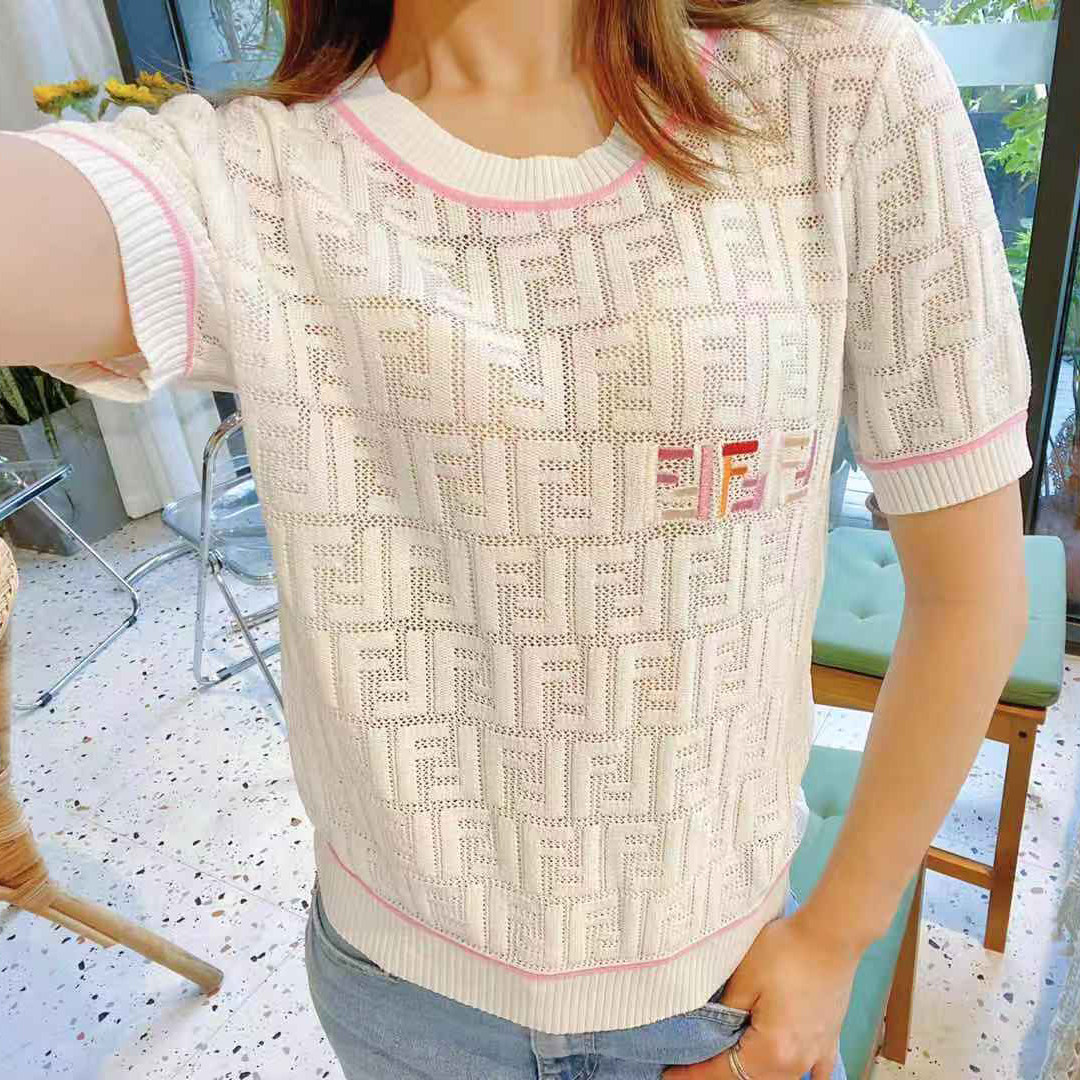 白色薄款勾花f字母t恤夏季欧美修身缕空冰丝气质针织衫短袖女上衣