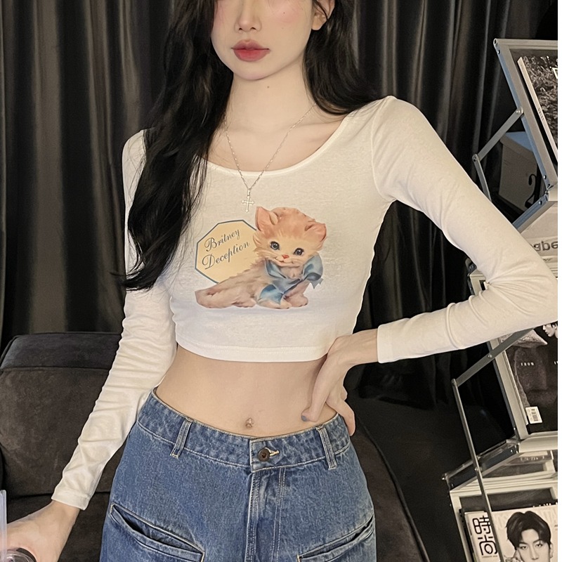 小个子辣妹穿搭t恤长袖喵咪印花紧身短款高腰露脐装爵士舞上衣ins