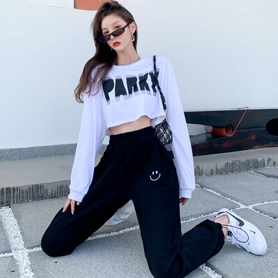 美式甜酷辣妹短款t恤女宽松爵士舞蹈欧美练习室长袖上衣jazz罩衫