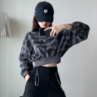 欧美风短款高腰卫衣女爵士女上衣扎染辣妹装美式嘻哈街舞蹈服ins