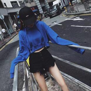 蓝色宽松短款卫衣女秋拉绳连帽套头外套嘻哈街舞爵士舞上衣练功服