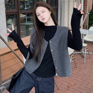 秋冬新款法式毛衣开衫外搭无袖圆领针织马甲宽松百搭叠穿外套女款