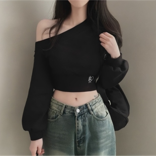 短款卫衣女长袖斜肩上衣漏肩露肚脐爵士舞上衣jazz衣服装演出服女