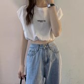 辣妹爵士舞上衣ins超火坎肩小衫 T恤女圆领露脐砍袖 无袖 小字母短款