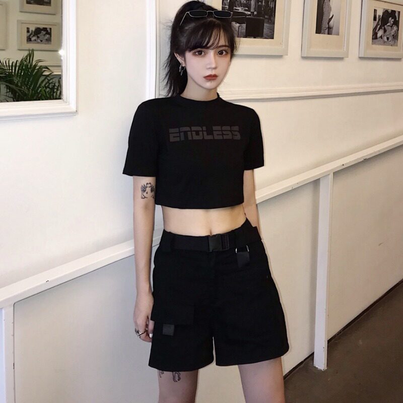 黑色爵士舞上衣女套装短袖短款高腰露脐装甜酷工装短裤jazz舞蹈裤