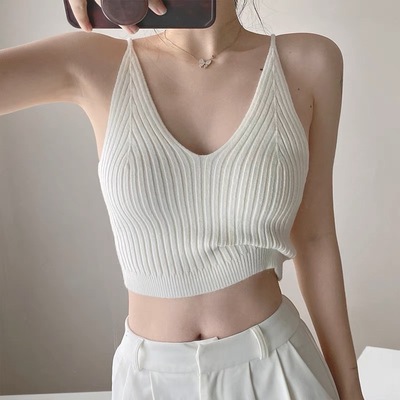 辣妹吊带甜辣背心白色深V领针织小众收腰短款jazz跳舞上衣爵士
