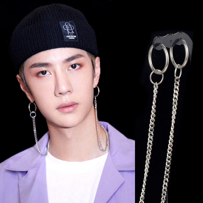 创造101王一博同款夸张连体双耳洞挂脖耳环耳坠 潮男嘻哈长链项链