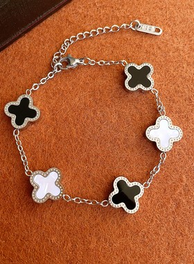 巨好看钛钢双面四叶草手链潮男女小众轻奢五花幸运草情侣手饰配饰